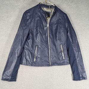 Black Rivet Jacket Womens Size Small Blue Imitation Leather Jacket